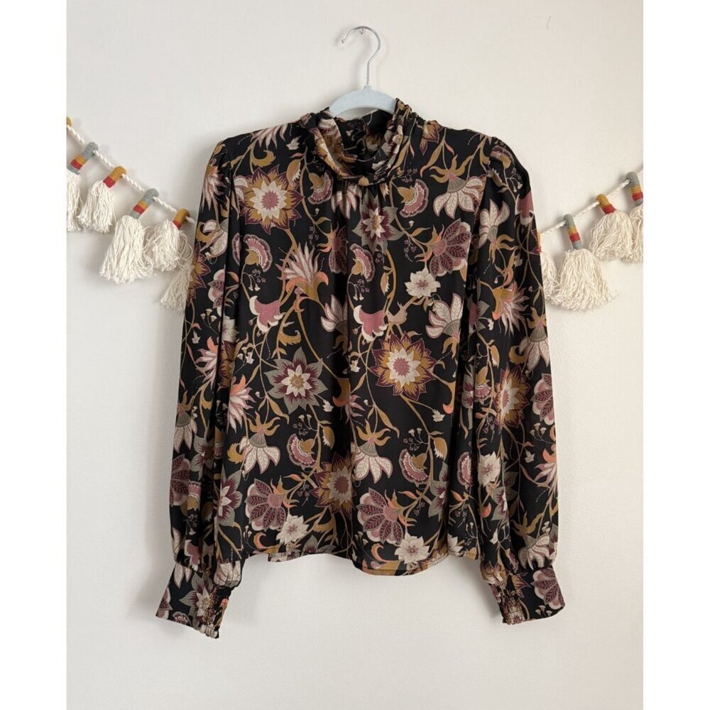 Evereve Sheer Floral Mock Neck Long Sleeve Blouson Top Cottagecore Romantic M